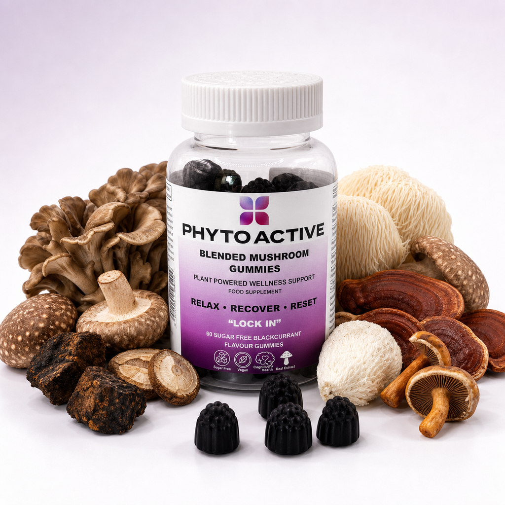 Phytoactive Mushroom Gummies surrounded by mushroom ingredients